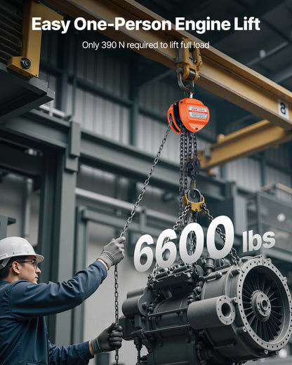 Handtelfer, 3 tons kapacitet, manuell kedjeblock med uppgradering G80 galvaniserad kedja, 3 m lyfthöjd, kraftig remskivetelfer för garage, lager, fordonsmaskiner, orange