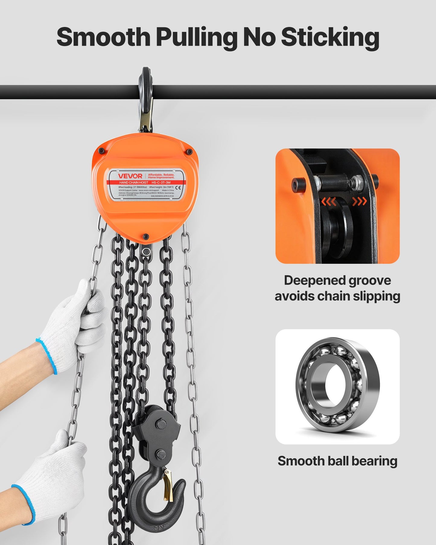 Handtelfer, 3 tons kapacitet, manuell kedjeblock med uppgradering G80 galvaniserad kedja, 3 m lyfthöjd, kraftig remskivetelfer för garage, lager, fordonsmaskiner, orange