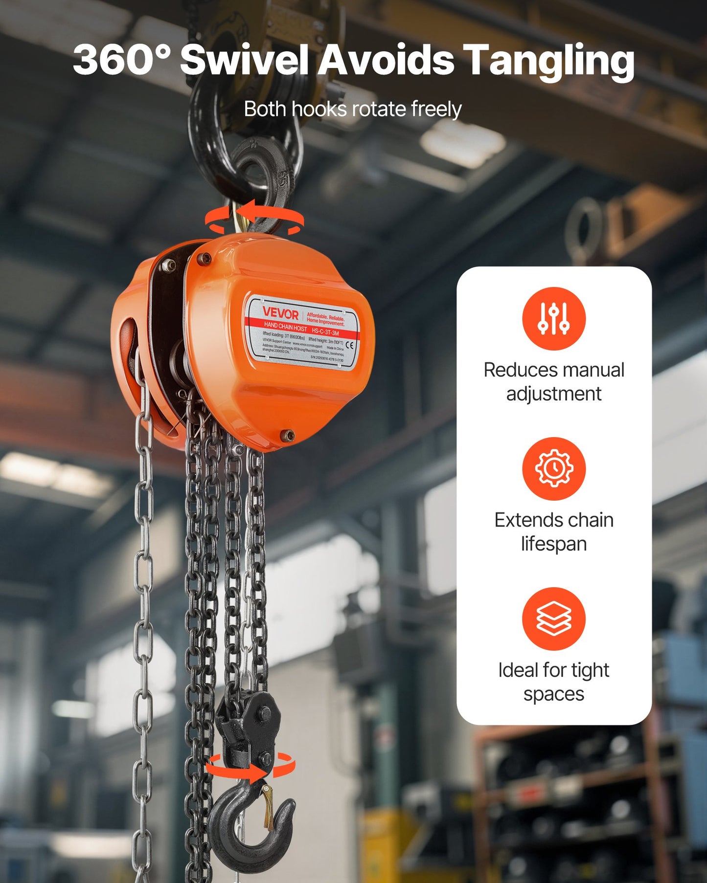 Handtelfer, 3 tons kapacitet, manuell kedjeblock med uppgradering G80 galvaniserad kedja, 3 m lyfthöjd, kraftig remskivetelfer för garage, lager, fordonsmaskiner, orange