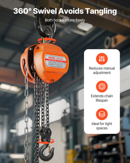Handtelfer, 3 tons kapacitet, manuell kedjeblock med uppgradering G80 galvaniserad kedja, 3 m lyfthöjd, kraftig remskivetelfer för garage, lager, fordonsmaskiner, orange