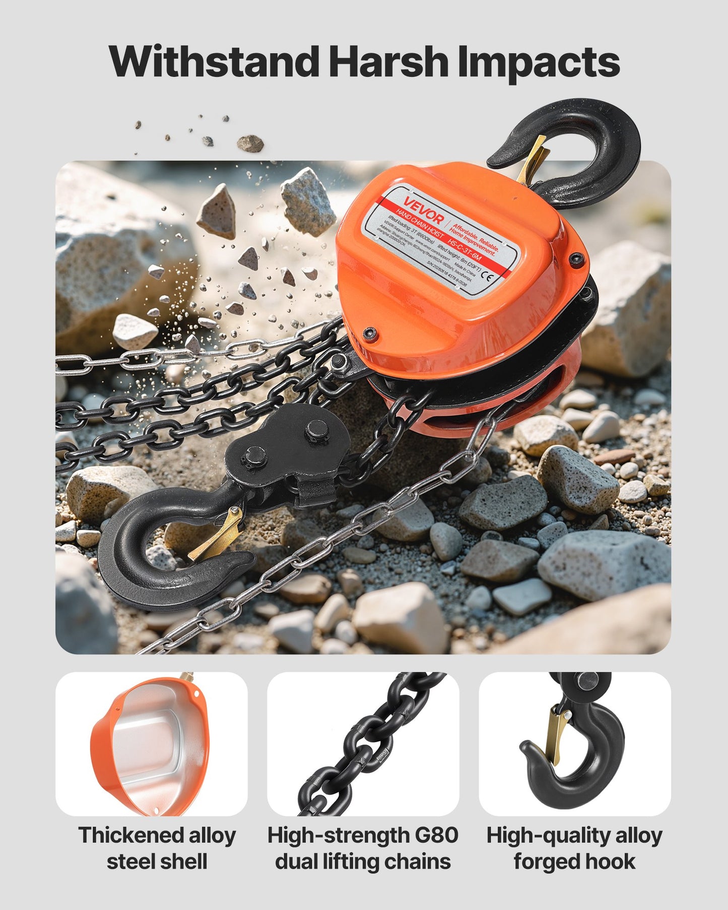 Hand Chain Hoist, 3 Ton Capacity, Manual Chain Block with Upgrade G80 Galvanized Chain, 6 m Lifting Height, Heavy Duty Pulley Hoist for Garage Warehouse Automotive Machinery, Orange