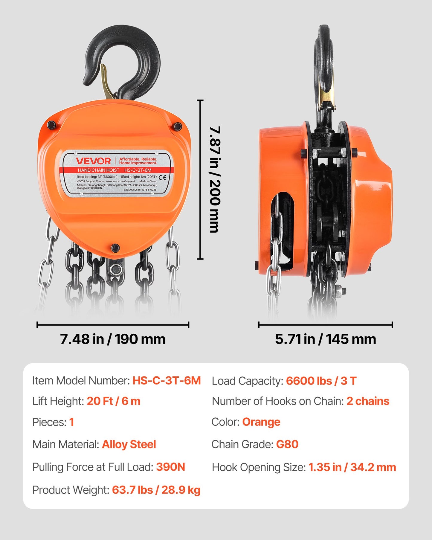 Hand Chain Hoist, 3 Ton Capacity, Manual Chain Block with Upgrade G80 Galvanized Chain, 6 m Lifting Height, Heavy Duty Pulley Hoist for Garage Warehouse Automotive Machinery, Orange