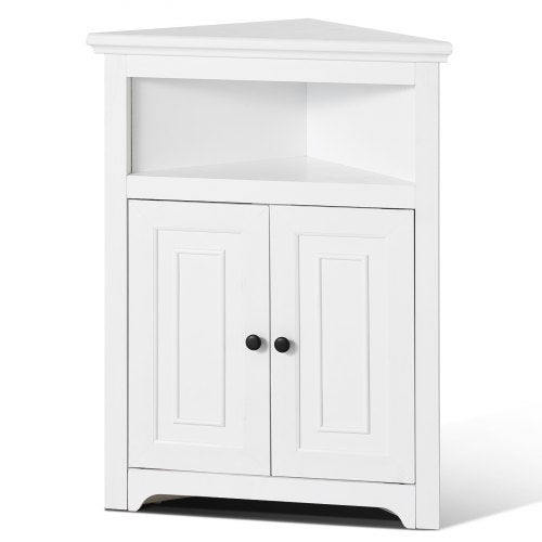 32" Corner Storage Cabinet, 3 Tiers Small Storage Cabinet with 2 Wooden Doors & Adjustable Shelves, Freestanding Corner Kitchen Cabinet for Living Room, Kitchen, Laundry Room, Bathroom, White