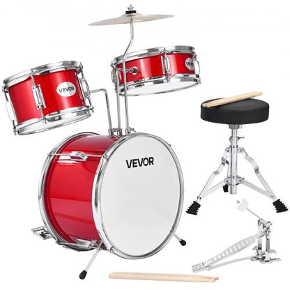 Kids Drum Set, 3-Piece 14 in / 355.6 mm Junior Drum Sets, Beginner Drums Set with Adjustable Throne and Two Pairs of Drumsticks, Musical Learning Drums Instruments Kit, for Children Ages 6-13 (Red)