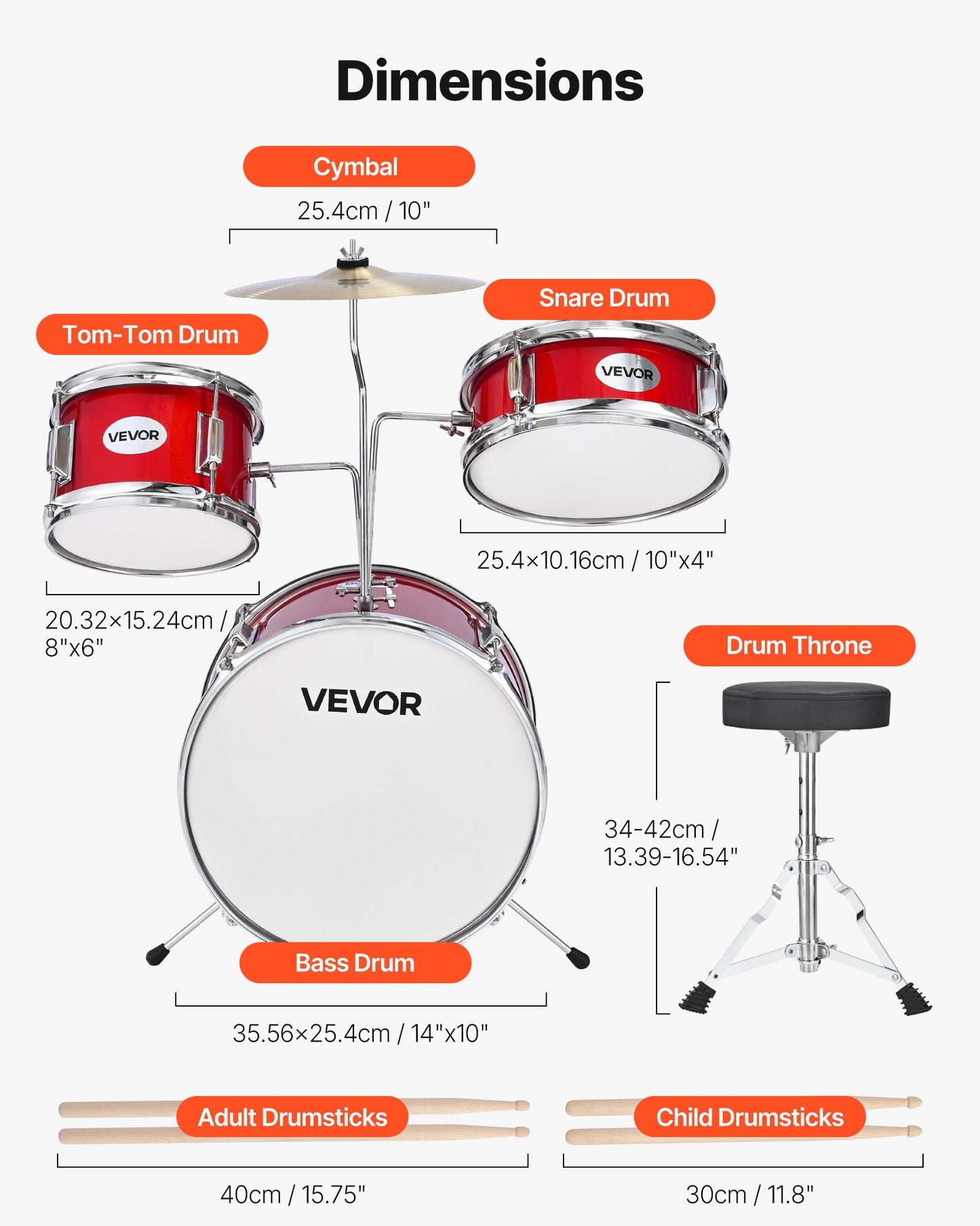 Kids Drum Set, 3-Piece 14 in / 355.6 mm Junior Drum Sets, Beginner Drums Set with Adjustable Throne and Two Pairs of Drumsticks, Musical Learning Drums Instruments Kit, for Children Ages 6-13 (Red)