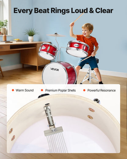 Kids Drum Set, 3-Piece 14 in / 355.6 mm Junior Drum Sets, Beginner Drums Set with Adjustable Throne and Two Pairs of Drumsticks, Musical Learning Drums Instruments Kit, for Children Ages 6-13 (Red)