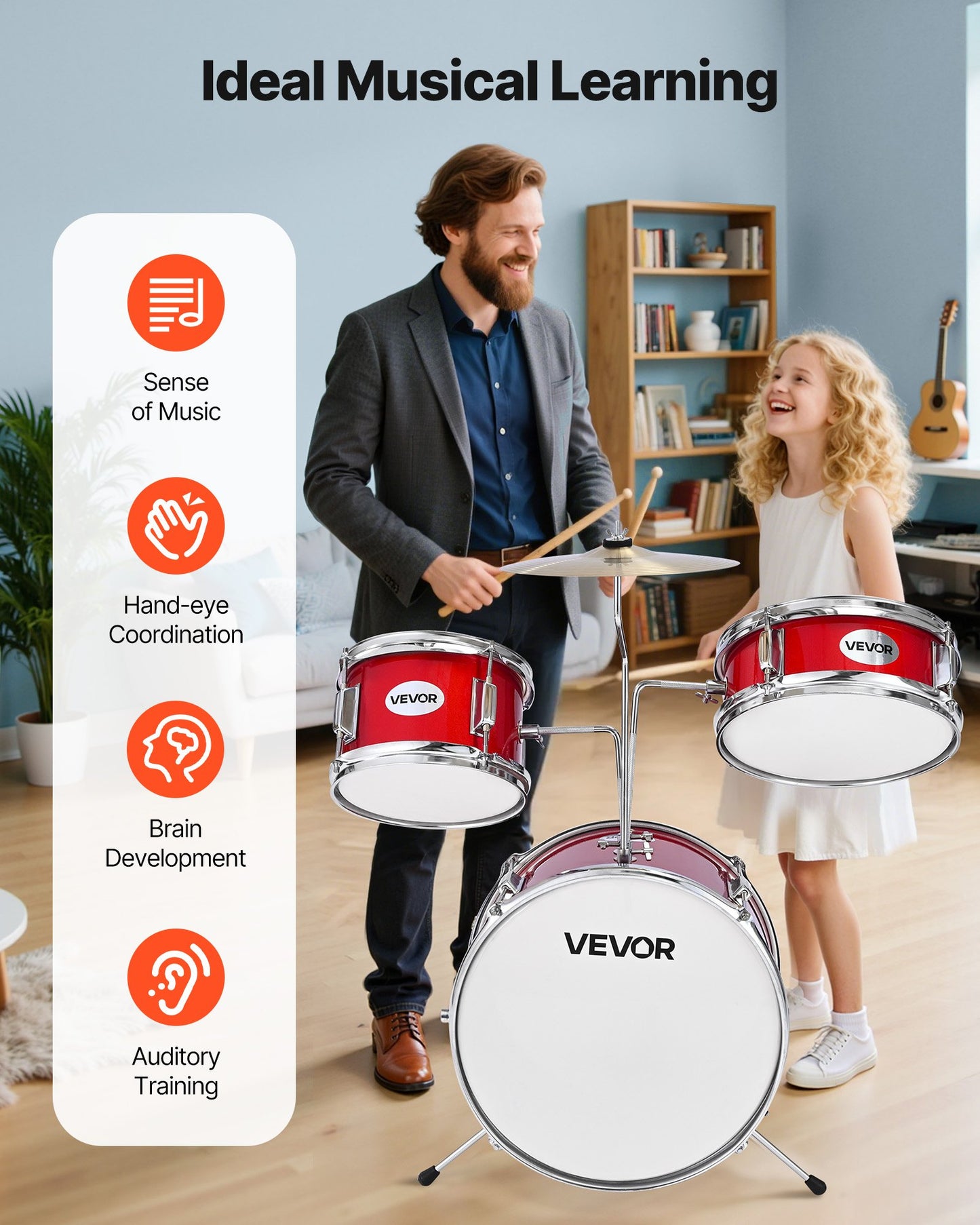 Kids Drum Set, 3-Piece 14 in / 355.6 mm Junior Drum Sets, Beginner Drums Set with Adjustable Throne and Two Pairs of Drumsticks, Musical Learning Drums Instruments Kit, for Children Ages 6-13 (Red)