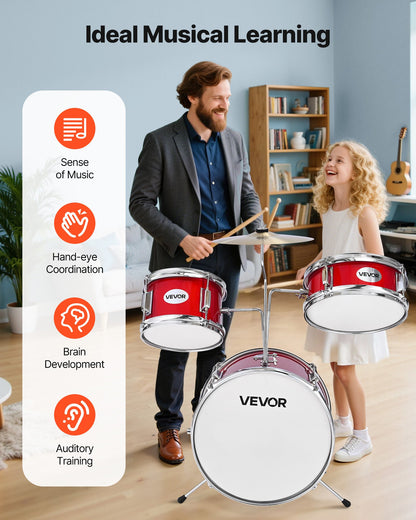 Kids Drum Set, 3-Piece 14 in / 355.6 mm Junior Drum Sets, Beginner Drums Set with Adjustable Throne and Two Pairs of Drumsticks, Musical Learning Drums Instruments Kit, for Children Ages 6-13 (Red)