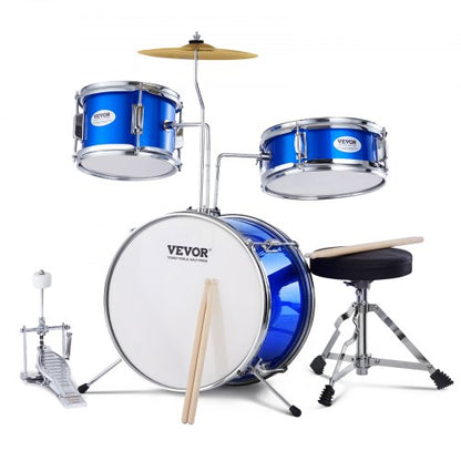 Kids Drum Set, 3-Piece, 14 in Beginner Drum Set with Adjustable Throne Cymbal Pedal Two Pairs of Drumsticks, 8" Tom Drum 10" Snare Drum 14" Bass Drum, Starter Drum Kit for Child Kids, Blue
