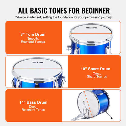 Kids Drum Set, 3-Piece, 14 in Beginner Drum Set with Adjustable Throne Cymbal Pedal Two Pairs of Drumsticks, 8" Tom Drum 10" Snare Drum 14" Bass Drum, Starter Drum Kit for Child Kids, Blue