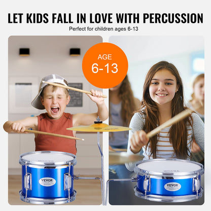 Kids Drum Set, 3-Piece, 14 in Beginner Drum Set with Adjustable Throne Cymbal Pedal Two Pairs of Drumsticks, 8" Tom Drum 10" Snare Drum 14" Bass Drum, Starter Drum Kit for Child Kids, Blue