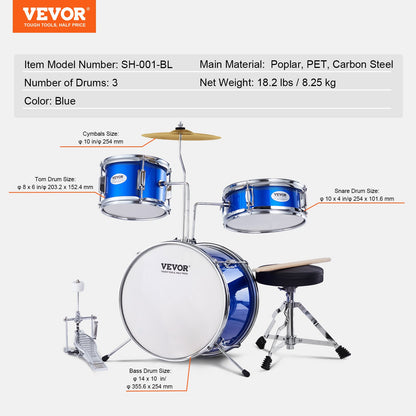Kids Drum Set, 3-Piece, 14 in Beginner Drum Set with Adjustable Throne Cymbal Pedal Two Pairs of Drumsticks, 8" Tom Drum 10" Snare Drum 14" Bass Drum, Starter Drum Kit for Child Kids, Blue