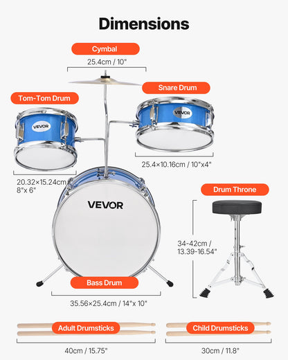 Kids Drum Set, 3-Piece 14 in / 355.6 mm Junior Drum Sets, Beginner Drums Set with Adjustable Throne and Two Pairs of Drumsticks, Musical Learning Drums Instruments Kit, for Children Ages 6-13 (Blue)