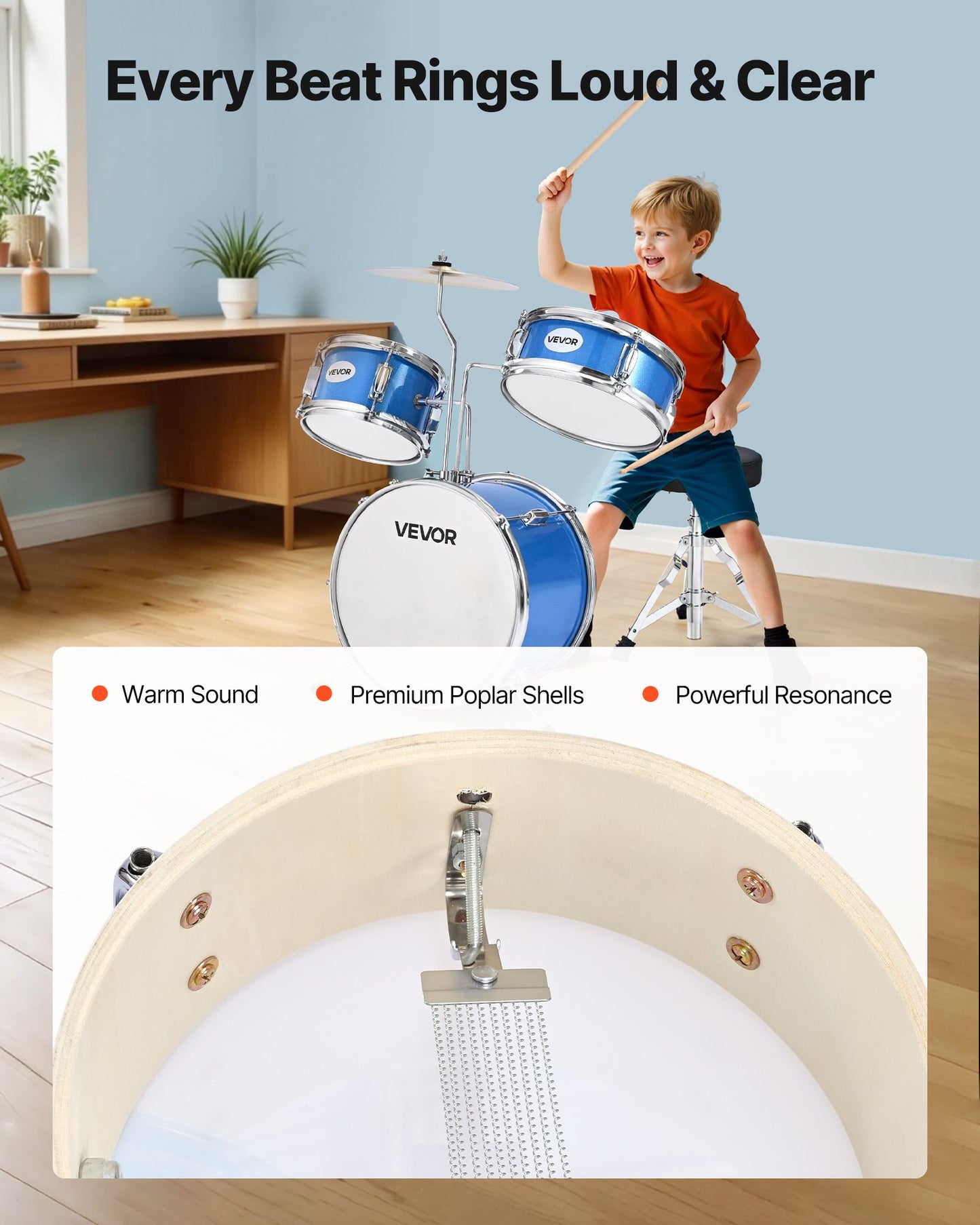 Kids Drum Set, 3-Piece 14 in / 355.6 mm Junior Drum Sets, Beginner Drums Set with Adjustable Throne and Two Pairs of Drumsticks, Musical Learning Drums Instruments Kit, for Children Ages 6-13 (Blue)