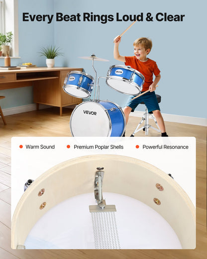 Kids Drum Set, 3-Piece 14 in / 355.6 mm Junior Drum Sets, Beginner Drums Set with Adjustable Throne and Two Pairs of Drumsticks, Musical Learning Drums Instruments Kit, for Children Ages 6-13 (Blue)