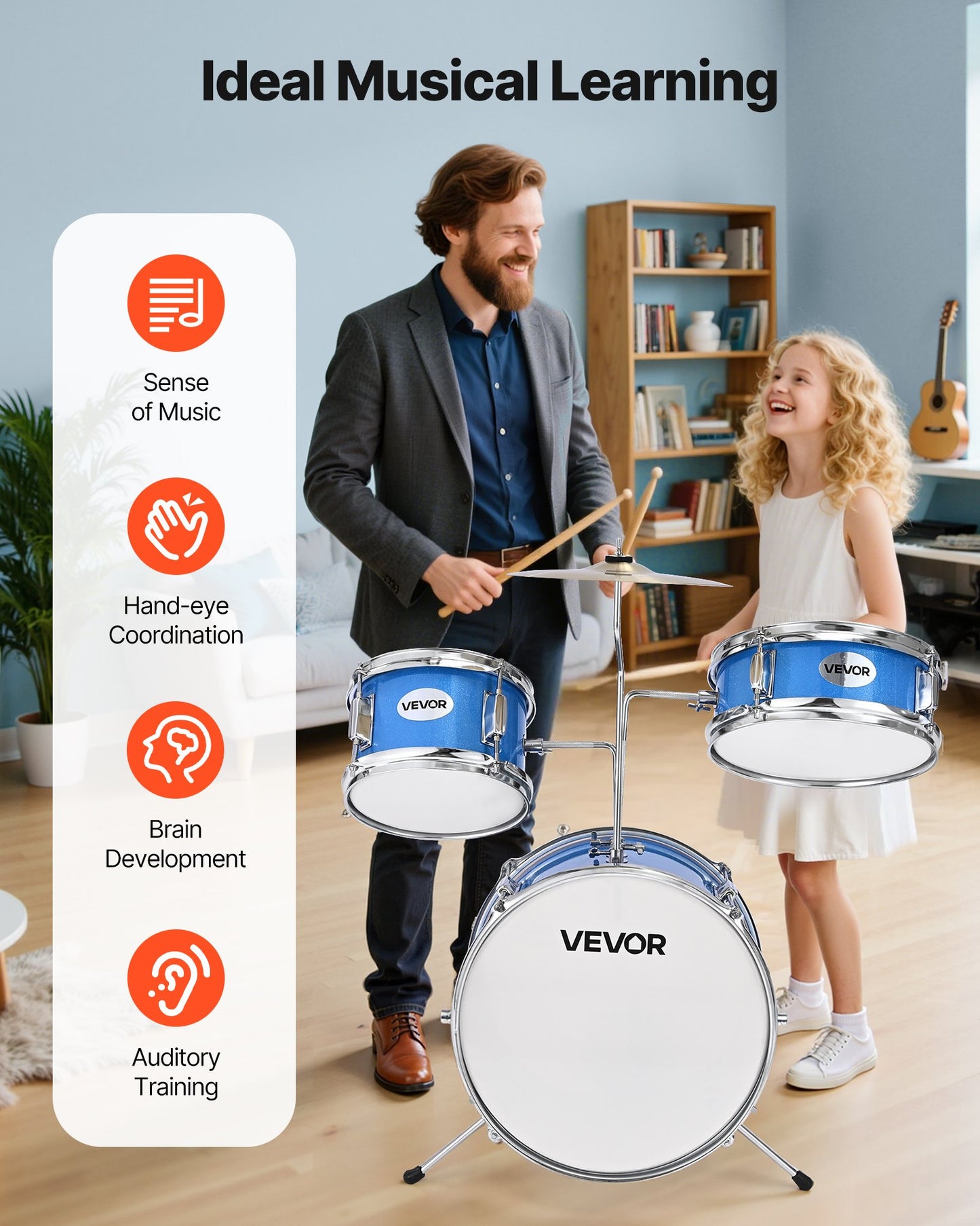 Kids Drum Set, 3-Piece 14 in / 355.6 mm Junior Drum Sets, Beginner Drums Set with Adjustable Throne and Two Pairs of Drumsticks, Musical Learning Drums Instruments Kit, for Children Ages 6-13 (Blue)