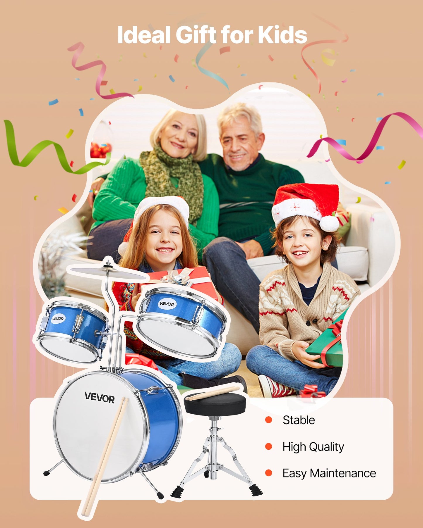 Kids Drum Set, 3-Piece 14 in / 355.6 mm Junior Drum Sets, Beginner Drums Set with Adjustable Throne and Two Pairs of Drumsticks, Musical Learning Drums Instruments Kit, for Children Ages 6-13 (Blue)