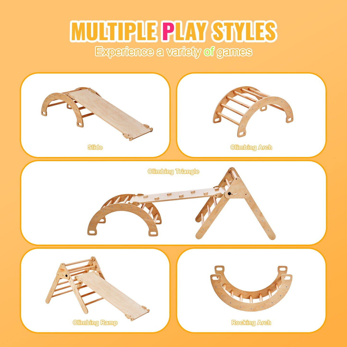 Pikler Triangle Set, 5 in 1 Toddler Climbing Toys Indoor Playground, Montessori Climbing Set with Triangle, Ramp, and Arch, Large Size Wooden Climbing Gym for Toddlers 1-3 Years, Wood Color