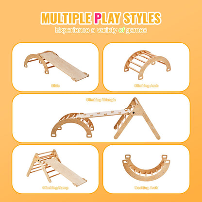 Pikler Triangle Set, 5 in 1 Toddler Climbing Toys Indoor Playground, Montessori Climbing Set with Triangle, Ramp, and Arch, Large Size Wooden Climbing Gym for Toddlers 1-3 Years, Wood Color