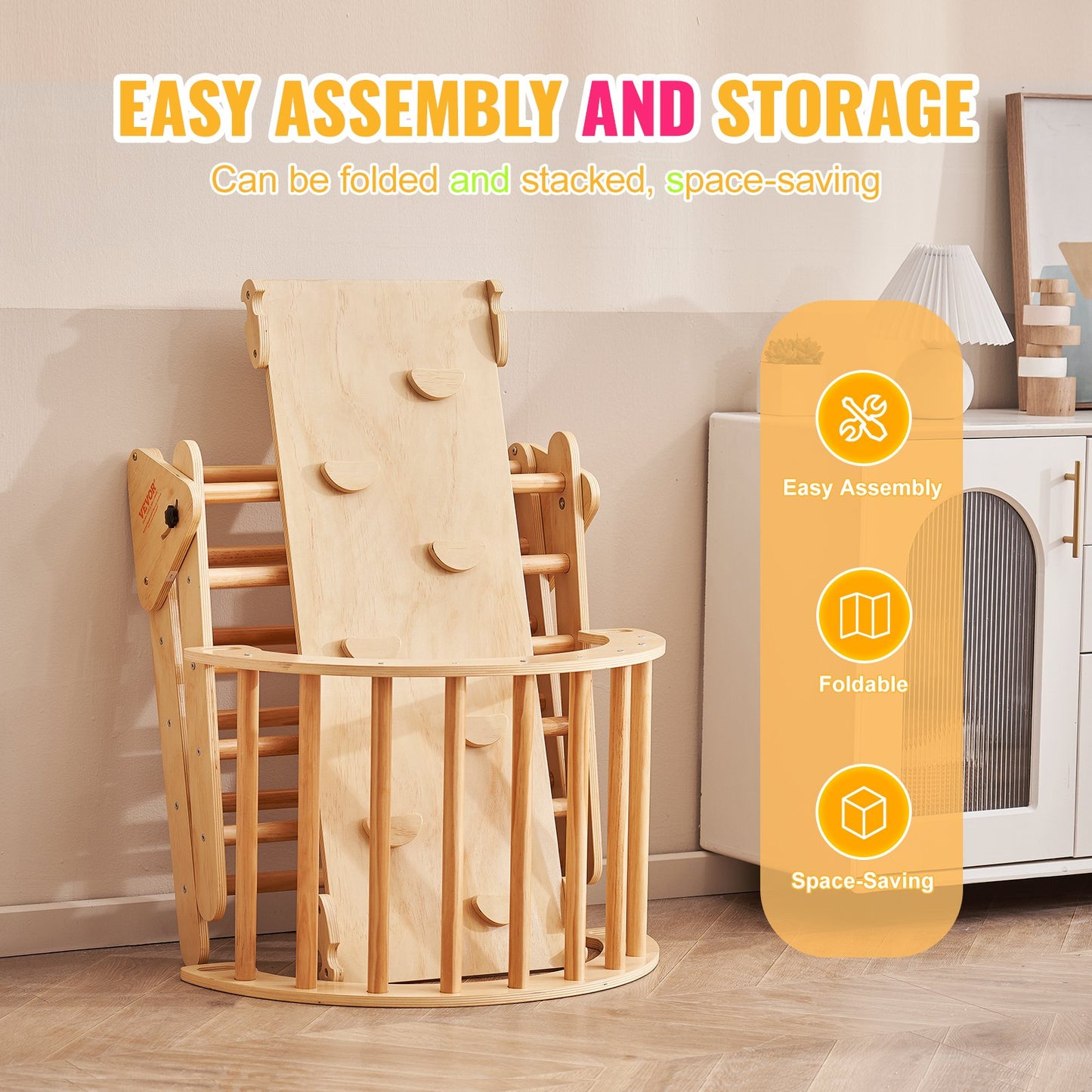 Pikler Triangle Set, 5 in 1 Toddler Climbing Toys Indoor Playground, Montessori Climbing Set with Triangle, Ramp, and Arch, Large Size Wooden Climbing Gym for Toddlers 1-3 Years, Wood Color