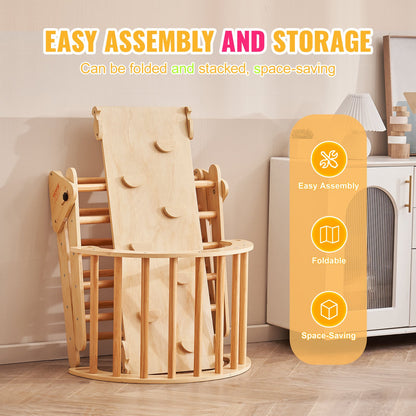 Pikler Triangle Set, 5 in 1 Toddler Climbing Toys Indoor Playground, Montessori Climbing Set with Triangle, Ramp, and Arch, Large Size Wooden Climbing Gym for Toddlers 1-3 Years, Wood Color