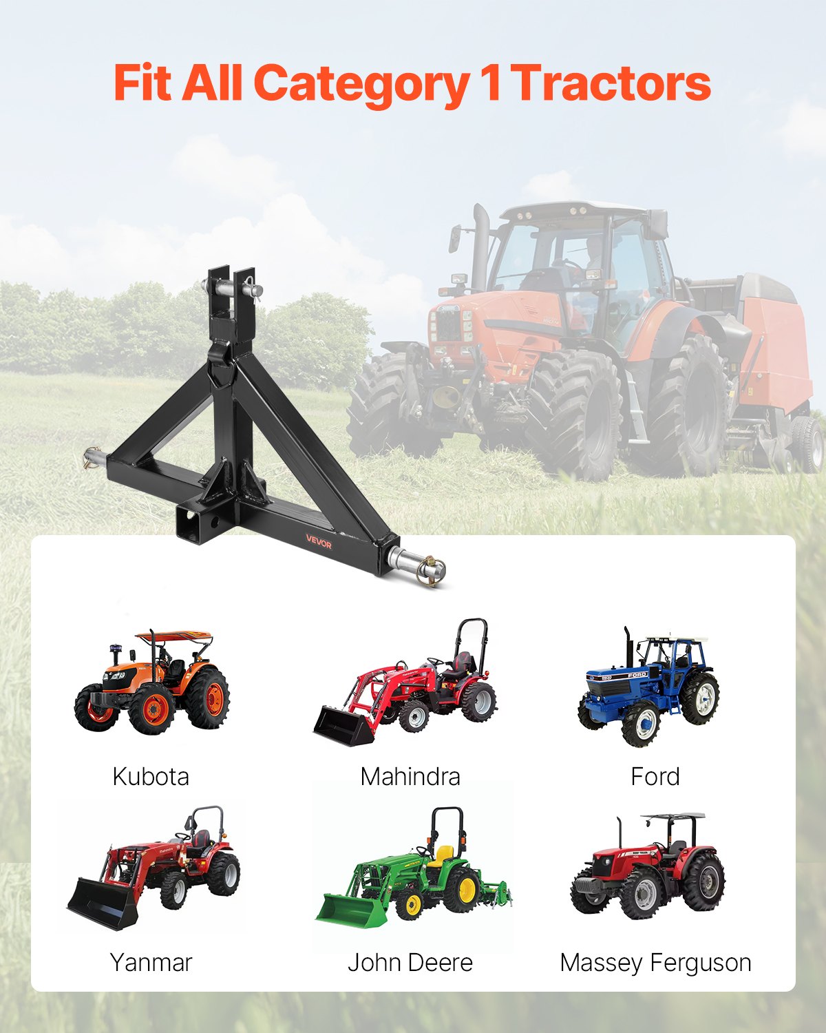 3 Point Hitch Receiver with 2 in Receiver, 3pt Quick Hitch Attachment, 3,000 lbs Capacity, Heavy Duty Tractor Tow Drawbar Adapter, Compatible with Kubota, Mahindra, John Deere, Massey Ferguson