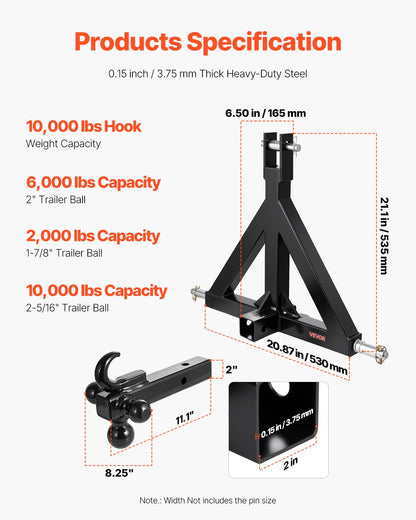 3 Point Trailer Hitch 2 in Receiver, 3pt Quick Hitch Attachment with 3 Trailer Balls, Tractor Tow Drawbar Adapter, Compatible with Kubota, Mahindra, Ford, Yanmar, John Deere, Massey Ferguson