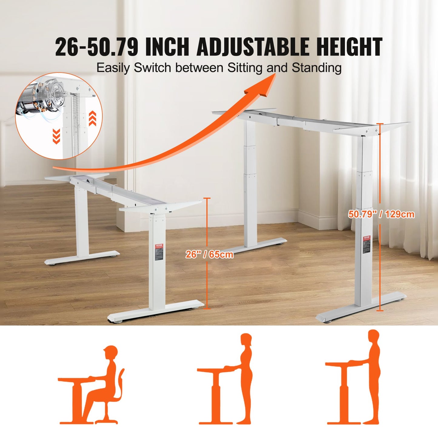 Electric Standing Desk Frame Dual Motor Adjustable 66-129cm H White