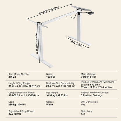Standing Desk Frame, Adjustable 70-117 cm Height & 95-158 cm Length Electric Stand Up Computer Desk Legs, Ergonomic DIY Workstation Base for Home and Office (White Frame Only)