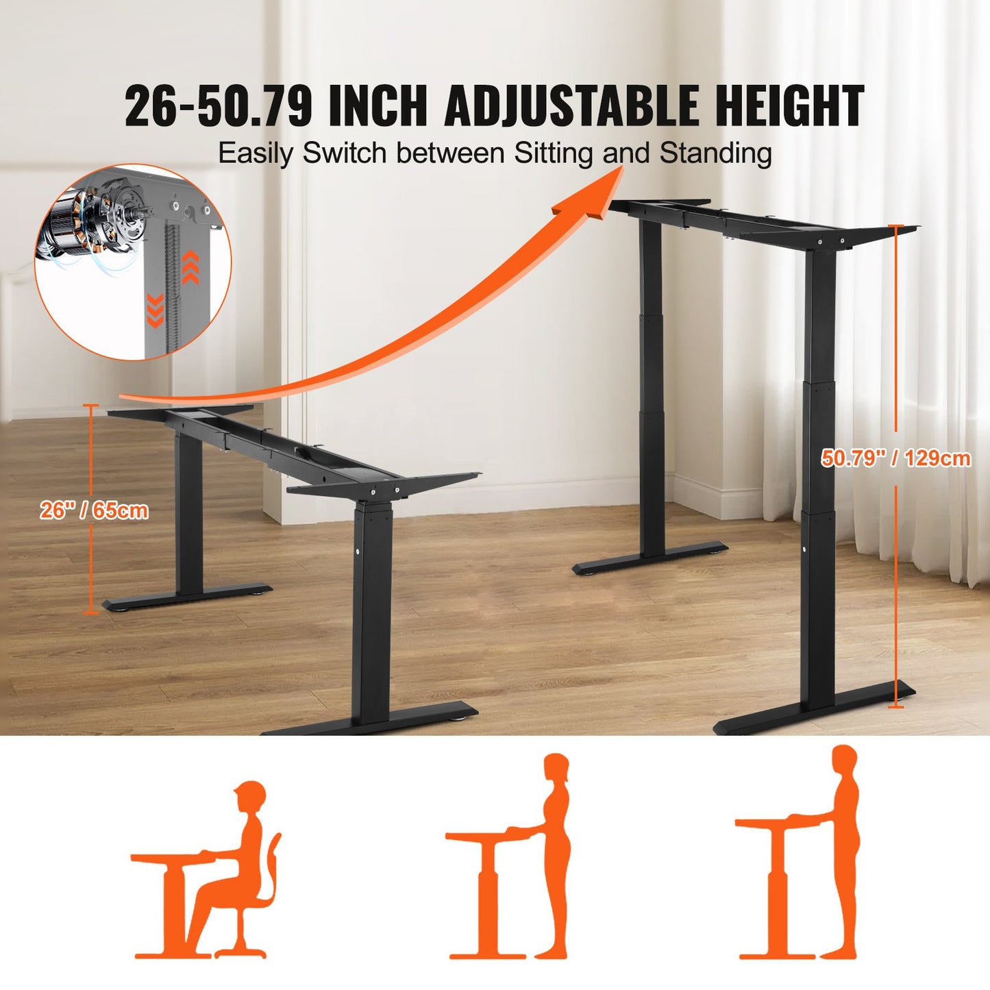 Elektrisk ståbordsram med dubbel motor, justerbar, 65-129 cm höjd, svart