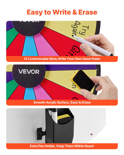 610 mm snurrande prishjul, 14 platser med stativ, justerbar höjd för lycko-roulette med whiteboard och 2 markörer, 6 färger, enkel montering, för fest, pub, mässa, karneval