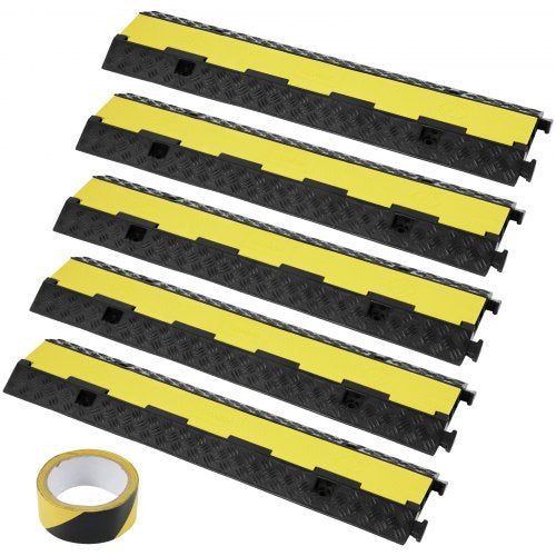 5 PCs Rubber Cable Protector Ramp 98x24x4.5 cm, 2 Channel, 12000 lbs/axle Capacity Heavy Duty Hose Wire Cover Ramp Driveway, Traffic Speed Bump with Flip-Open Top Cover & 50 ft Warning Tape, for Indoor&Outdo