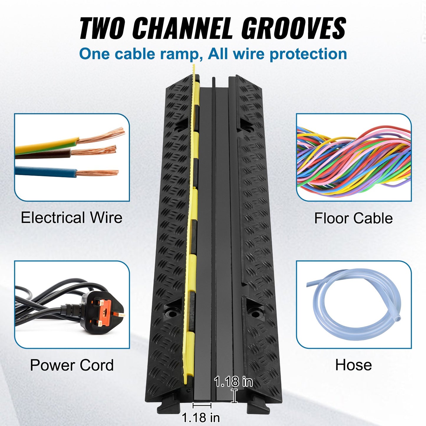 5 PCs Rubber Cable Protector Ramp 98x24x4.5 cm, 2 Channel, 12000 lbs/axle Capacity Heavy Duty Hose Wire Cover Ramp Driveway, Traffic Speed Bump with Flip-Open Top Cover & 50 ft Warning Tape, for Indoor&Outdo