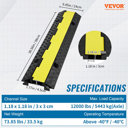 5 PCs Rubber Cable Protector Ramp 98x24x4.5 cm, 2 Channel, 12000 lbs/axle Capacity Heavy Duty Hose Wire Cover Ramp Driveway, Traffic Speed Bump with Flip-Open Top Cover & 50 ft Warning Tape, for Indoor&Outdo
