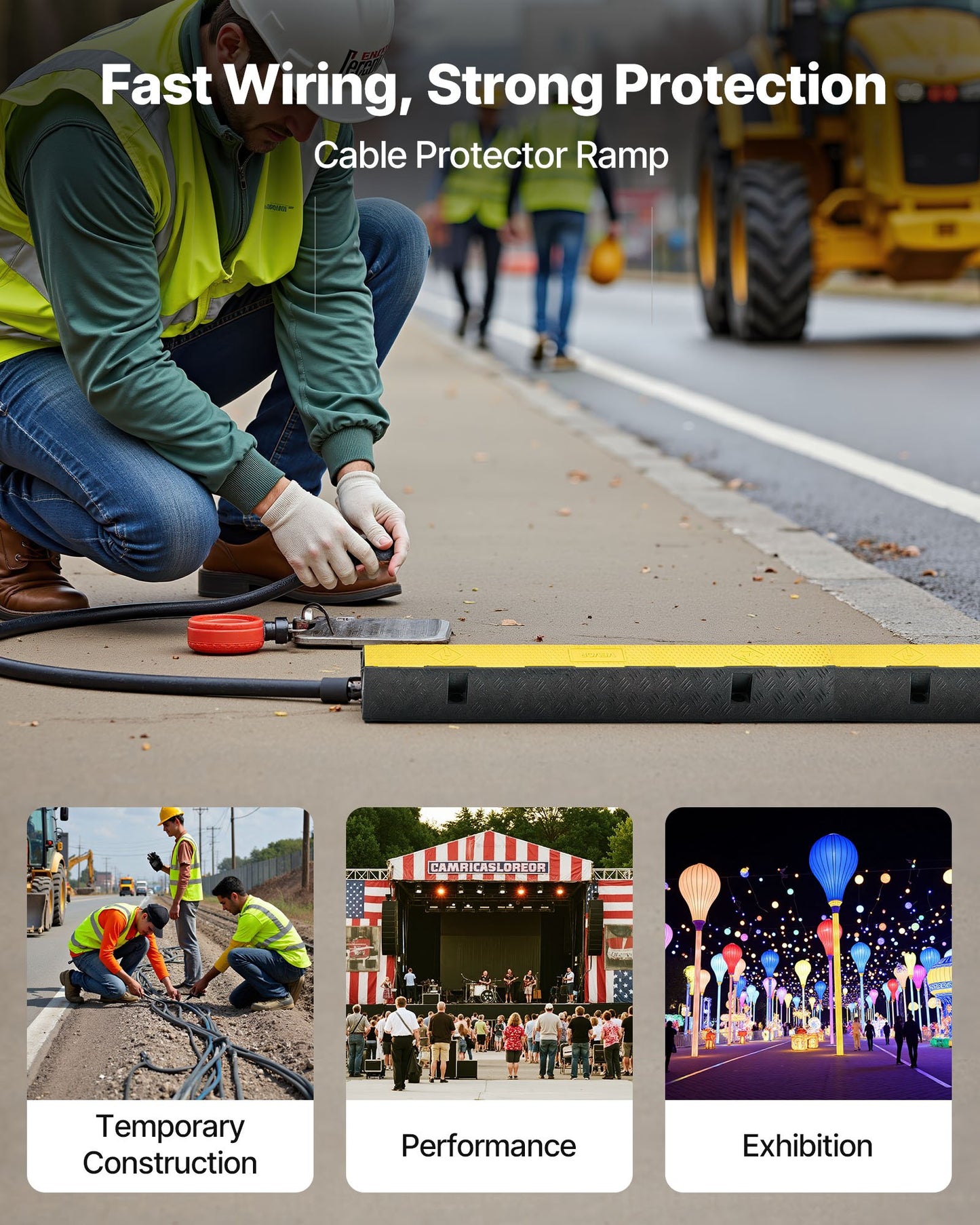 Kabelskyddsramp, 9 979 kg/axelkapacitet, 1-kanals kraftig gummisnöre, slangskydd för vajer, 70 x 50 mm kanal, trafikhinder med öppningsbart toppskydd, för inomhusbruk och utomhusbruk, 1-pack