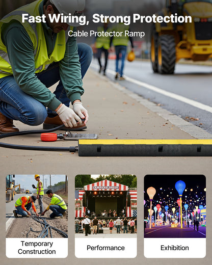 Kabelskyddsramp, 9 979 kg/axelkapacitet, 1-kanals kraftig gummisnöre, slangskydd för vajer, 70 x 50 mm kanal, trafikhinder med öppningsbart toppskydd, för inomhusbruk och utomhusbruk, 1-pack