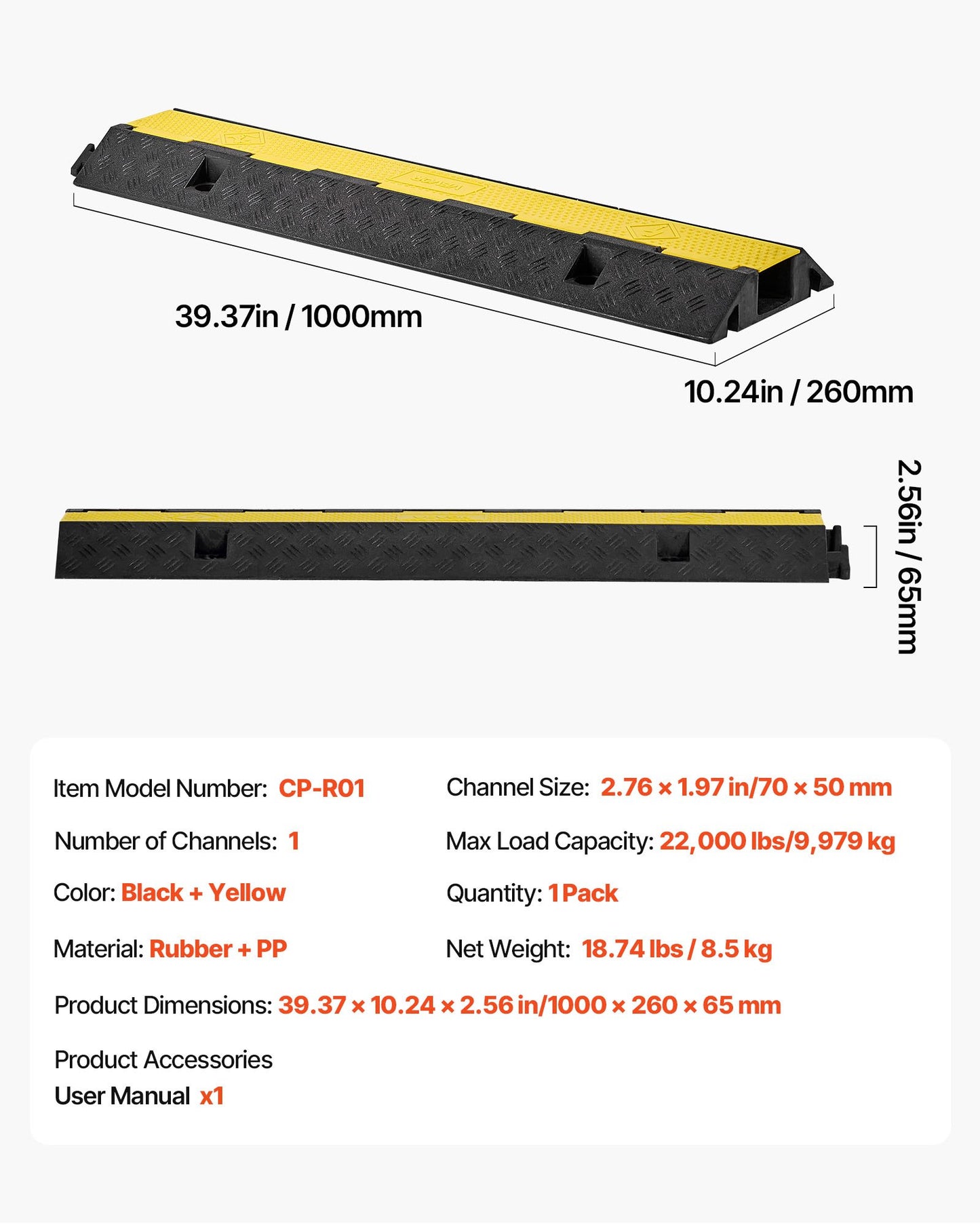 Kabelskyddsramp, 9 979 kg/axelkapacitet, 1-kanals kraftig gummisnöre, slangskydd för vajer, 70 x 50 mm kanal, trafikhinder med öppningsbart toppskydd, för inomhusbruk och utomhusbruk, 1-pack