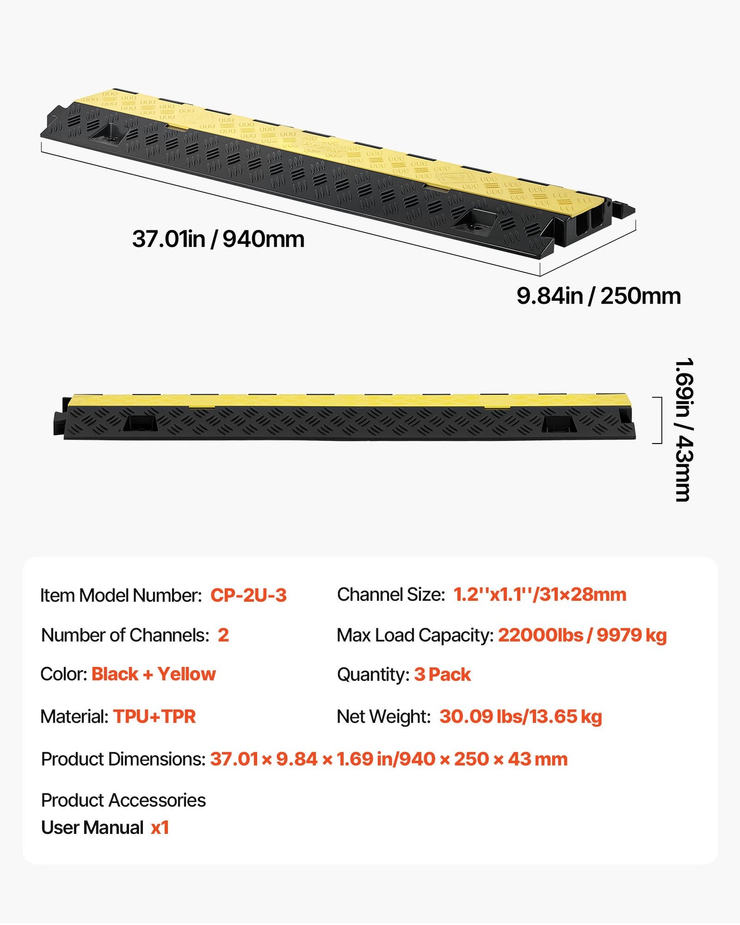 Cable Protector Ramp, 9,979 kg/axle Capacity, 2 Channel Heavy Duty TPU Cord Hose Wire Cover, 31 x 28 mm Channel, Traffic Speed Bump with Flip-Open Top Cover, for Indoor & Outdoor Use, 3 Pack