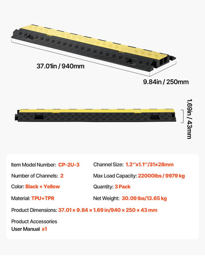 Cable Protector Ramp, 9,979 kg/axle Capacity, 2 Channel Heavy Duty TPU Cord Hose Wire Cover, 31 x 28 mm Channel, Traffic Speed Bump with Flip-Open Top Cover, for Indoor & Outdoor Use, 3 Pack