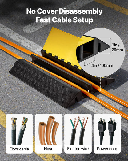 Kabelskyddsramp, 9 979 kg/axelkapacitet, 2-kanals kraftigt gummisnöre, slangskydd för slang, 100 x 75 mm kanal, farthinder med öppningsbart topplock, för inomhusbruk och utomhusbruk, 1-pack