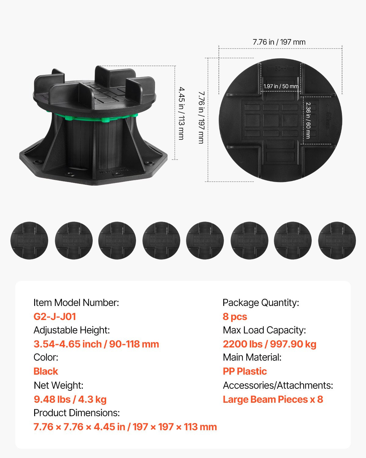 Däckblock 8 st, 997,90 kg lastkapacitet, däckstöd, plastpiedestal, höjbar 90–118 mm, höjdjusterbar bodfundament för trä, betong, metall