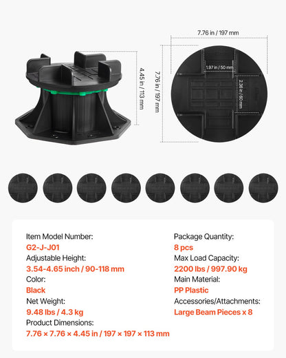 Däckblock 8 st, 997,90 kg lastkapacitet, däckstöd, plastpiedestal, höjbar 90–118 mm, höjdjusterbar bodfundament för trä, betong, metall