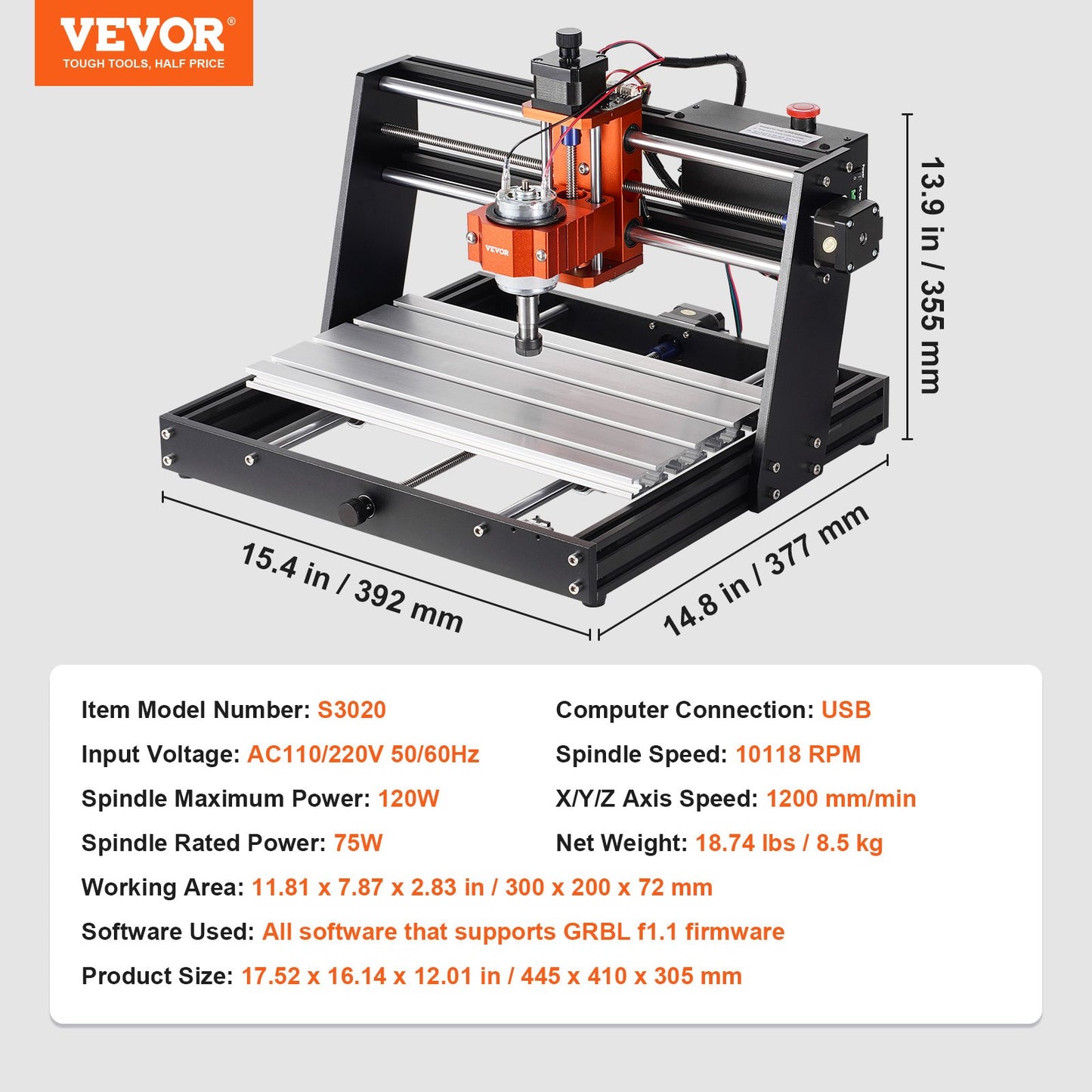 CNC Router Machine, 120W, 3 Axis GRBL Control Wood Engraving Carving Milling Machine Kit, 11.81 x 7.87 x 2.83 in / 300 x 200 x 72 mm Working Area 1200 RPM for Wood Acrylic MDF PVC Plastic Foam