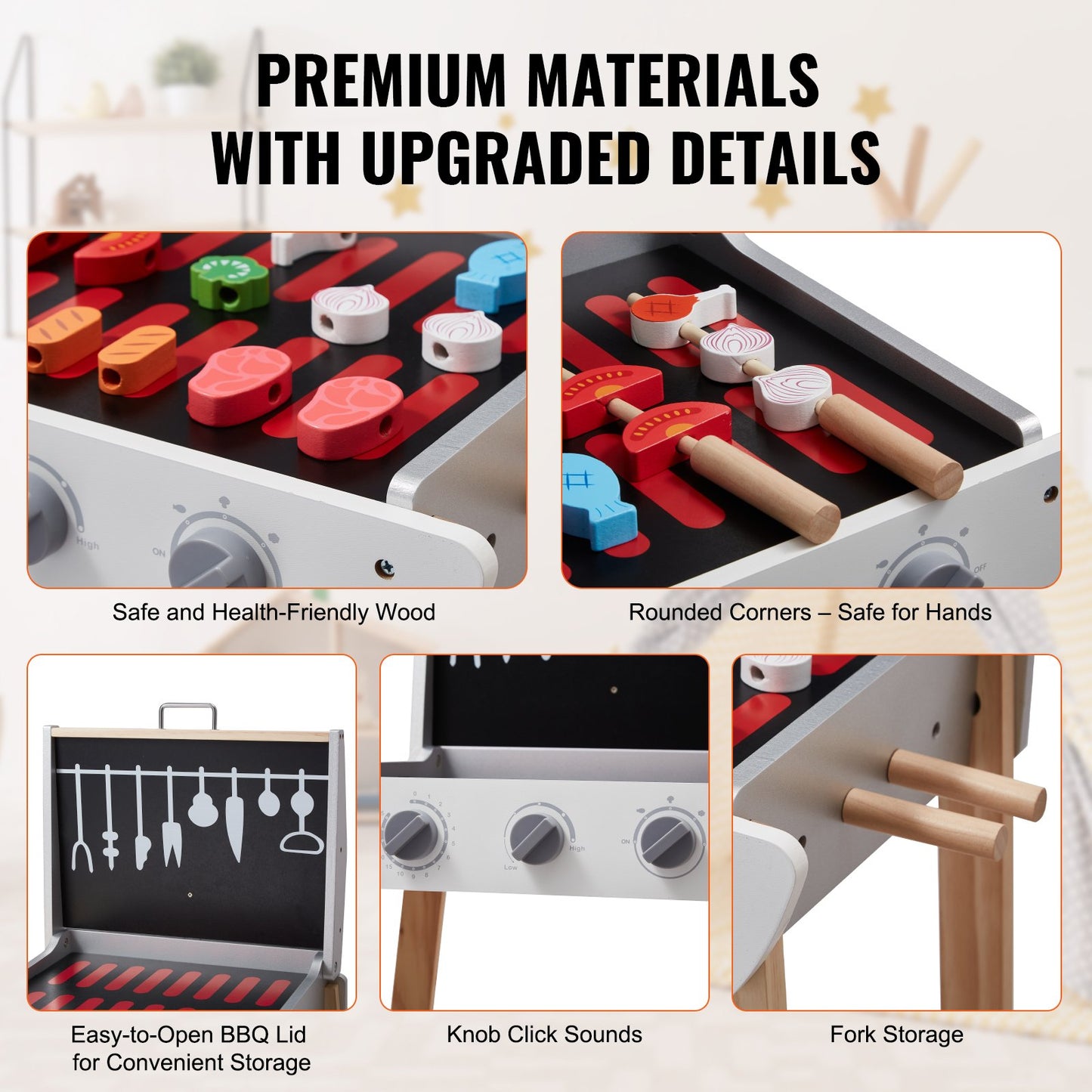 Träleksaksgrill, barngrilllekset med lekmat och grillverktyg, trälekmatstillbehör till köket (21 delar), låtsasleksak för småbarn pojkar flickor från 3 år, present
