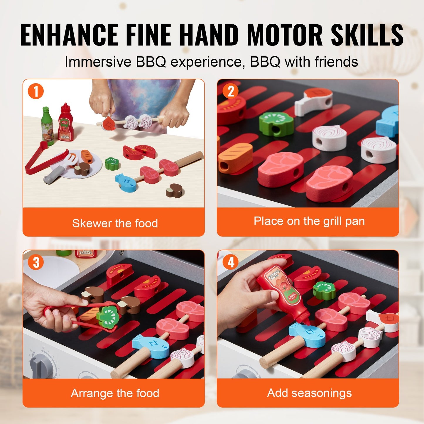 Träleksaksgrill, barngrilllekset med lekmat och grillverktyg, trälekmatstillbehör till köket (21 delar), låtsasleksak för småbarn pojkar flickor från 3 år, present