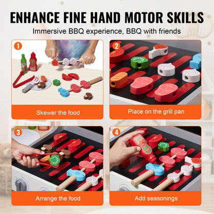 Träleksaksgrill, barngrilllekset med lekmat och grillverktyg, trälekmatstillbehör till köket (21 delar), låtsasleksak för småbarn pojkar flickor från 3 år, present