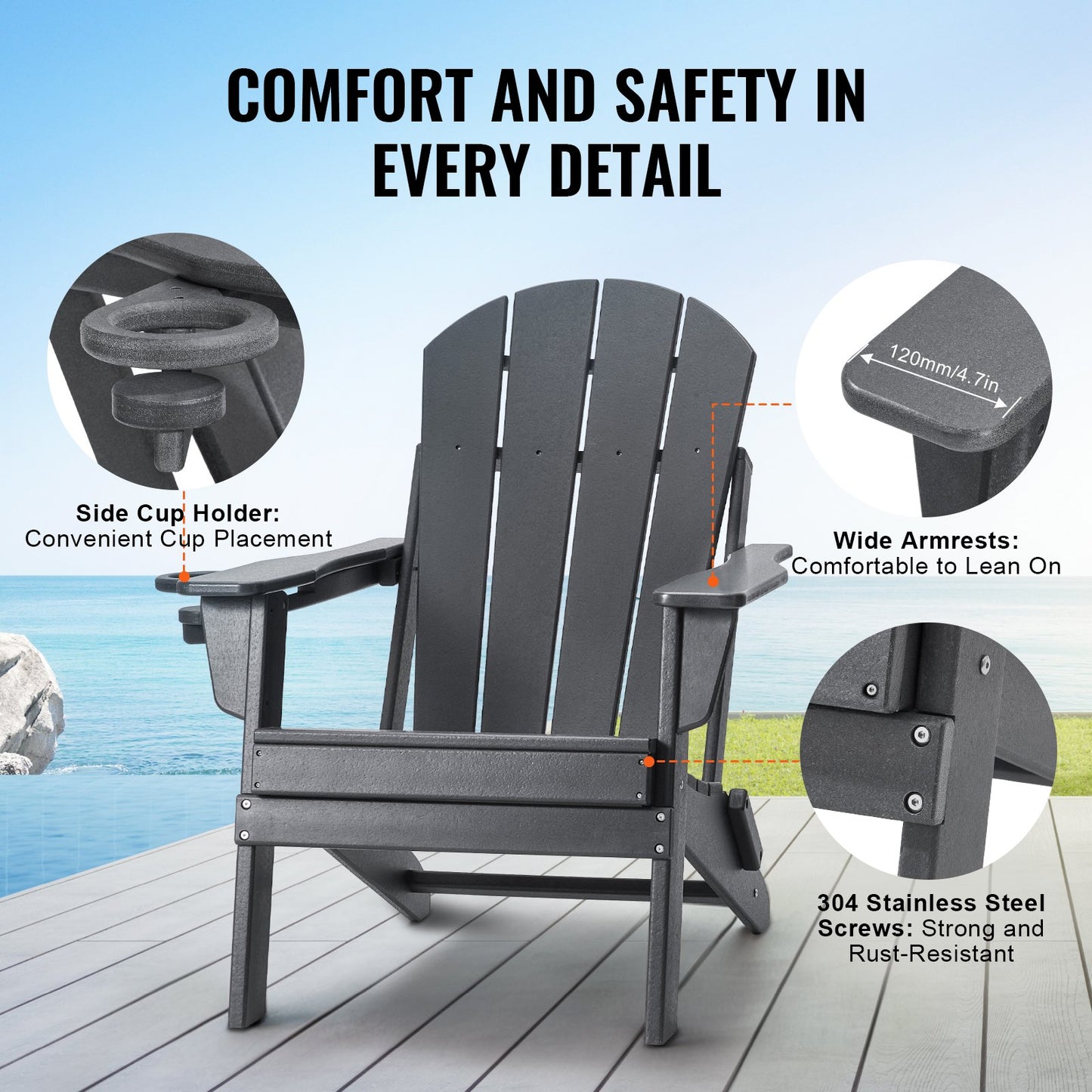 Adirondack-stol i plast, set med 2 vädersäkra bärbara hopfällbara eldstadsstolar, utomhus Adirondack-terrassestol med mugghållare, med ergonomiskt avslappnande armstöd, för trädgård, bakgård - grå