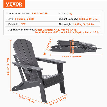 Adirondack-stol i plast, set med 2 vädersäkra bärbara hopfällbara eldstadsstolar, utomhus Adirondack-terrassestol med mugghållare, med ergonomiskt avslappnande armstöd, för trädgård, bakgård - grå