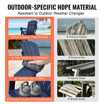 Adirondack-stol i plast, set med 2 vädersäkra bärbara hopfällbara eldstadsstolar, utomhus Adirondack-terrassestol med mugghållare, med ergonomiskt avslappnande armstöd, för trädgård, bakgård marinblå