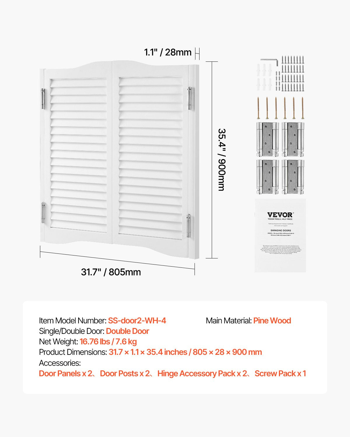 Svängbara cafédörrar, välvda innerdörrar för salong 81,3 x 91,4 cm, dubbelverkande tillverkade av furu, med gångjärn och beslag, enkel att installera, för hall, kök, bar, pub, entré, vit
